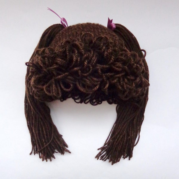 Cabbage Patch Kid Hat Inspired  Wig In Brown Or Choose Your Color And size Bunch Ponytail Style /  Christmas gift /
