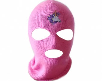 Pink Ski Mask Balaclava For Woman Handmade 3 Hole Halloween Outfit, Cosplay Costume, Knit Mask Christmas gift, Unicorn Mask