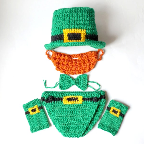Leprochan kostuum - St. Patricks Day babymutsje, baard, strik, luierhoes en beenwarmers - set van 5 stuks of kies je set