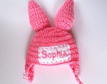 Personalized Pink Bunny Ear Flap Hat, Rabbit Name Hat Costume, Monogram Beanie Newborn Baby Adult Halloween Outfit/Cosplay Wig /Hospital hat