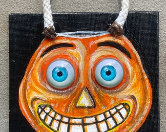 Halloween Wall or table top artwork, Folk Art Pumpkin Painting: Vintage Halloween Decor, OOAK Signed Art