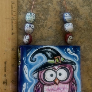 Halloween Owl Acrylic Painting: Witch Hat, Ceramic Beads, 4x4 Canvas