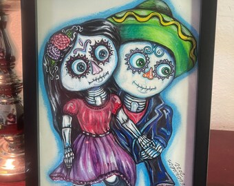 Day of the Dead / Couple/ drawing / Mix Medium/  Framed/ Lovers/ Love Never Dies/ Feliz día de los Muertos/ The ofrenda