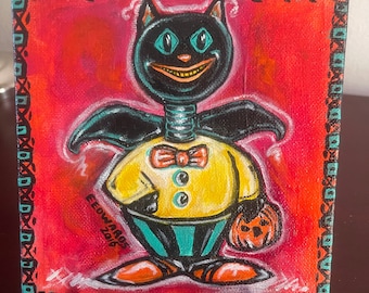 Vintage / Halloween/ Black Cat/  Acrylic Paints/ Canvas/ Black Magic/ Retro/ Bat/ Wings/ Pumpkin/ Original / Art/  Painting/ OOAK/ E Edwards