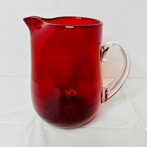 Vintage Ruby Glass Pitcher With Clear Glass Handle 7.25 Inches High
