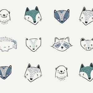 May include: A repeating pattern of illustrated animal faces, including foxes, raccoons, and otters, in a minimalist style. The animals are depicted with black outlines and accents of blue and white on a cream background. The design is suitable for nursery decor.