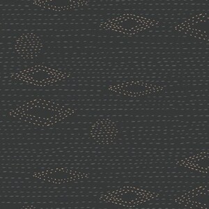 May include: A dark charcoal gray fabric featuring a repeating pattern of small, light-colored stitched shapes. The design includes rows of horizontal dashed lines interspersed with diamond and circular motifs created from tiny, light-colored dots.