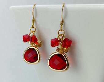 Red Bezel Cluster Earrings • Swarovski Crystal earrings • Red and Gold Earrings