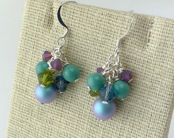 Blue, Green & Purple Swarovski earrings • Swarovski Pearls • Swarovski Crystals • Gunmetal • Dangle earrings • SIlver or Gold Earrings