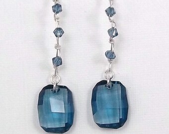 Denim Blue • Swarovski Wire Wrapped • Drop earrings • Sterling silver filled • One of a Kind • Great gift idea