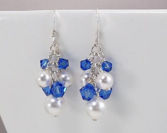 Sapphire with  White crystal pearl earrings • Wedding Earrings • Cluster Earrings • White Pearl earrings •