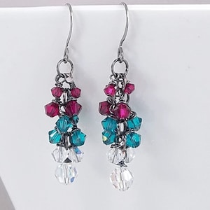 Ruby & Teal Crystals • Cluster Earrings • Great Gift Idea • Swarovski Crystals