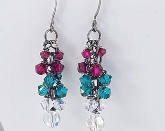 Ruby & Teal Crystals • Cluster Earrings • Great Gift Idea • Swarovski Crystals