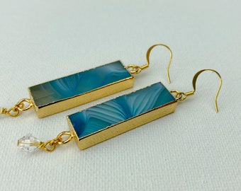 Blue Rectangle Glass Drop earrings • Swarovski Crystals •