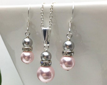 Pink & Grey  Pearl Jewelry set • Swarovski Pearl earrings • Bridal earrings • Bridesmaid earrings • Necklace + Earrings