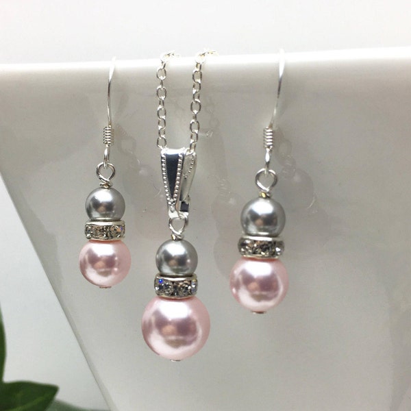 Pink & Grey  Pearl Jewelry set • Swarovski Pearl earrings • Bridal earrings • Bridesmaid earrings • Necklace + Earrings