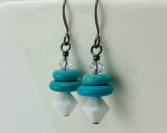 Turquoise and White Crystal earrings •