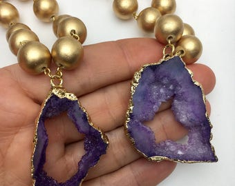 Amethyst • Freeform Natural Agate Druzy • Geode Slice • Gold Necklace • Long necklace • Crystal Pendant •