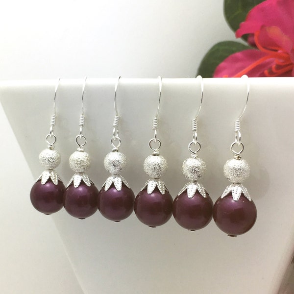 Plum Bridesmaid Earrings • Pearl Earrings • Swarovski Pearls • Dark Purple Earrings • Silver earrings • Dangle Earrings • Bridesmaid gift •