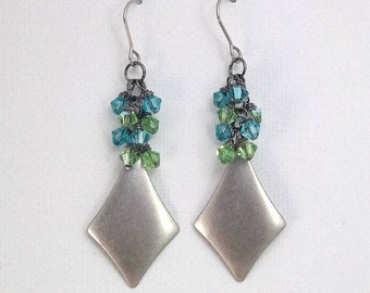 Blue & Green earrings • Steel Cluster Earrings • Swarovski Crystals • Dangle earrings • Everyday earrings