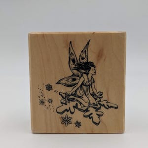 PSX Rubber Stamp, Personal Stamp Exchange, Fairy on Snowflake F-3345, Winter Snow Fairy, Winged Mythical Creatures, Pixie Magic Nymph Angel