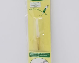 May include: Clover Embroidery Stitching Tool Needle Refill, a single-ply needle for embroidery thread. The packaging is yellow with green accents and features the Clover logo. Art No. 8801.