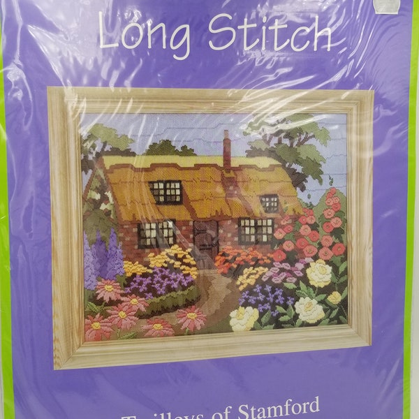 Hollyhock Cottage Long Stitch Embroidery Kit by Twilleys of Stamford English Garden Longstitch Floral Landscape by Linda Randell Cottagecore