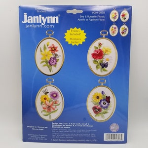 Bee Butterfly Florals Janlynn Embroidery Kit, Bouquet of Flowers, Small Stitch Kits, Roses Lilies Daisies, Set of 4, Nature Botanicals, Cozy