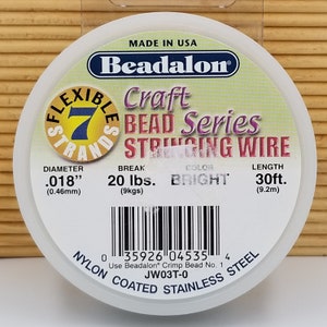 May include: A spool of Beadalon Craft Bead Series Stringing Wire, 7 strands, 0.018 inches in diameter, 20 pounds break strength, bright color, 30 feet long, nylon coated stainless steel. Use Beadalon Crimp Bead No. 1, JW03T-0.