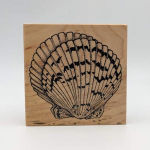 May include: A wooden block stamp with a black and white illustration of a seashell. The seashell has a detailed design with intricate lines and patterns.