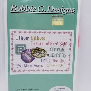 Love at First Sight Birth Announcement Counted Cross Stitch Kit Bobbie G Designs Baby Infant Welcome Nursery New Child Birthday Newborn