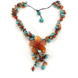 3&quot; Flower Pendant Necklace Mixed Gemstone Tassel Carnelian Aquamarine Citrine Turquoise Studio Jewelry Floral Statement Bohemian Runway