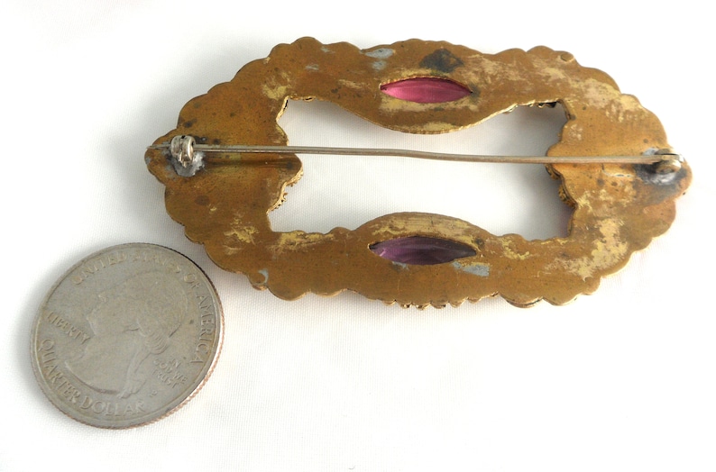 Large Rectangular Sash Pin 3 Inch Antique Brooch 1800s Victorian Etruscan Revival Byzantine Floral Purple Rhinestones Pink Navette Crystal
