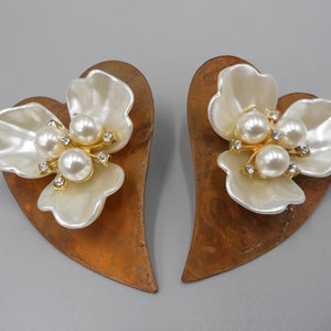 Large Rusty Heart Earrings Faux Pearl Flower Rhinestone Dimensional Country Boho Chic 2.5&quot;