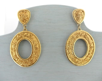 Massive Park Lane Signed Couture Earrings 3 Inch Oval Textured Gold Hoops Fashion Forward Etruscan Designer Jewelry Large Dangle Statement