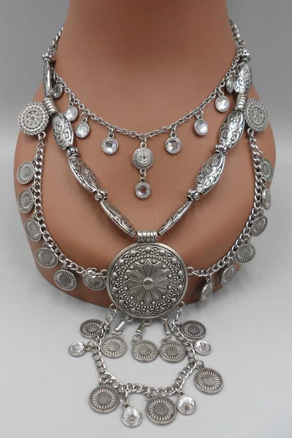 Vintage Festoon Necklace Layered Bib Pendant Medal