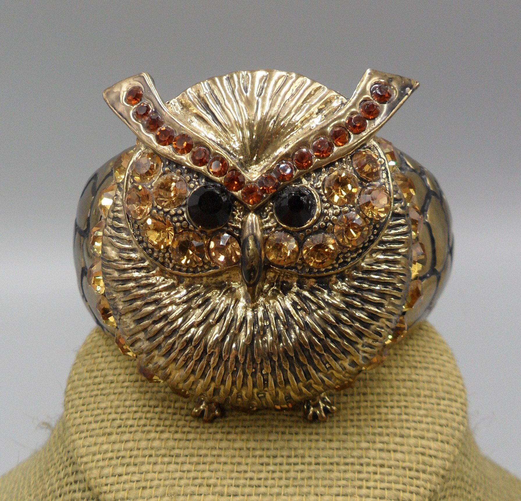 Owl Bracelet 2.5" Wide Hinged Clamper Cuff Rhinestones Heavy Ant. Gold Tone Bird Figural Bohemi