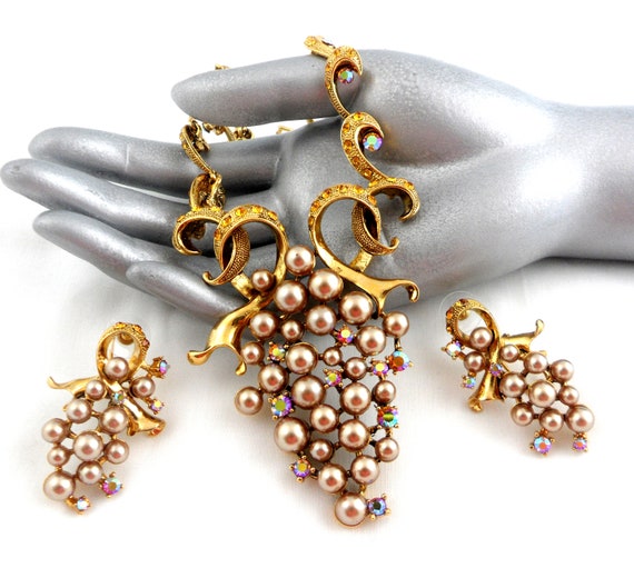 1950s Jewelry Set Mocha Brown Faux Pearl Topaz Rhinestone Grape Cluster Necklace & 2" Earrings Show Stopping Old Hollywood Glamour Statement