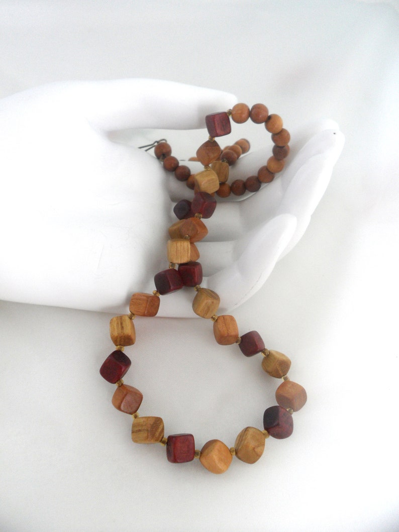 Wood Block Necklace 18 Inch Square Bead Necklace Modernist Jewelry Craftsman Style Geometric Cubist Cherry Oak and Maple Wooden Cubes