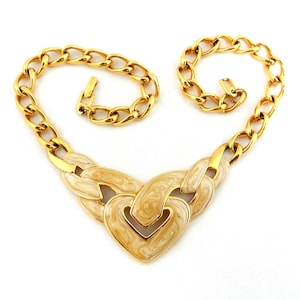 Napier Signed Celtic Lovers Knot Choker 1980s Era 22kt Gold Plated Bib Necklace Geometric Couture Statement Beige Pearl Enamel Chic Heavy