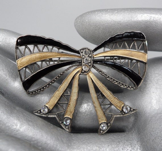 Antique Art Deco Bow Brooch Open Work Guilloche E… - image 1