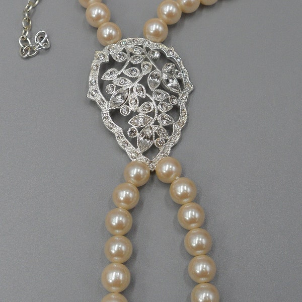 Art Deco Faux Pearl Choker Rhinestone Leaf Pendant Necklace Beaded Tassel Filigree Drops