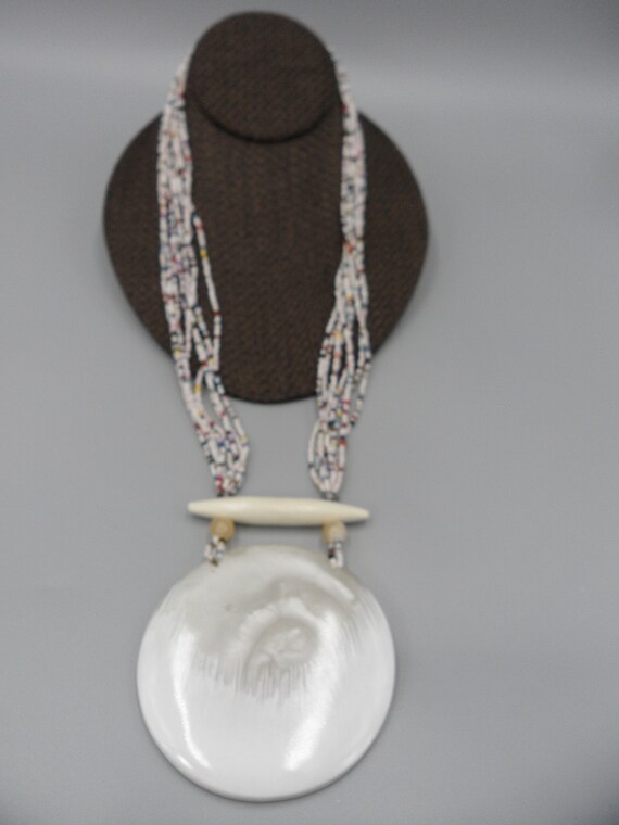 Faux MOP Pendant Necklace Gong Asian Art Glass Wo… - image 4