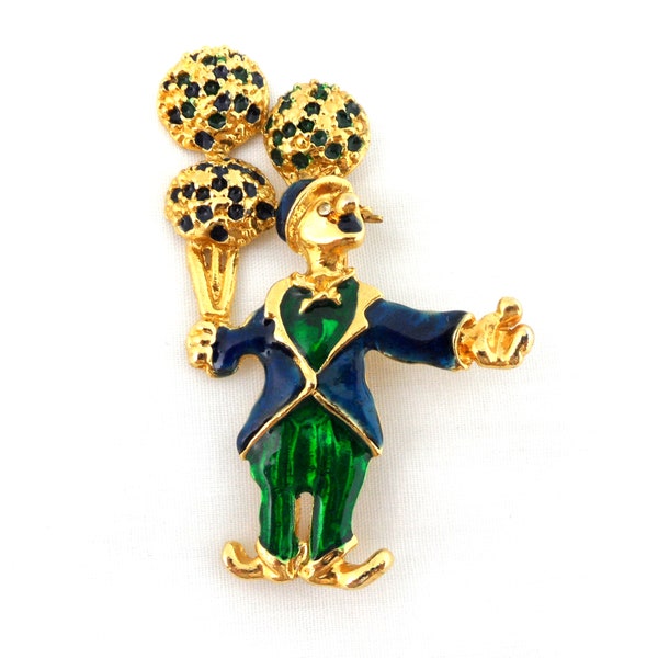 3" Hobo Clown Brooch Three Balloons Large Figural Royal Blue Emerald Green Enamel Broach Vintage Circus Performer Runway Statement Jewelry