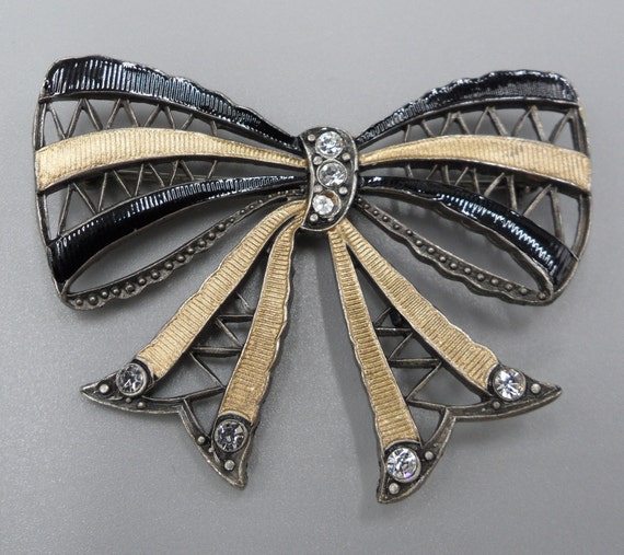 Antique Art Deco Bow Brooch Open Work Guilloche E… - image 2