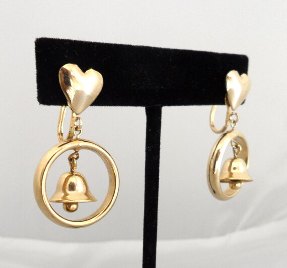 1940s Gold Tone Heart Earrings Tinkling Bell in C… - image 3