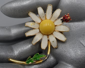 Vintage Weiss Enamel Flower Brooch White Daisy Ladybug Cabochon Signed Figural