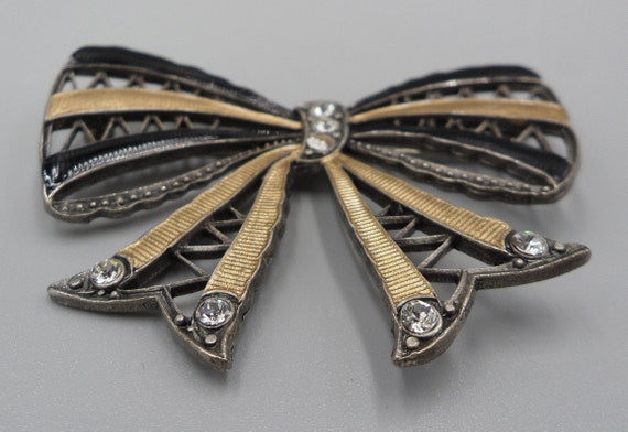 Antique Art Deco Bow Brooch Open Work Guilloche E… - image 3