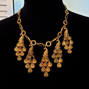 Peacock Bib Necklace Antique Gold Bird Charm Cascade Waterfall Faux Marcasite Boho Glam Statement Runway Studio Jewelry Gift For Her