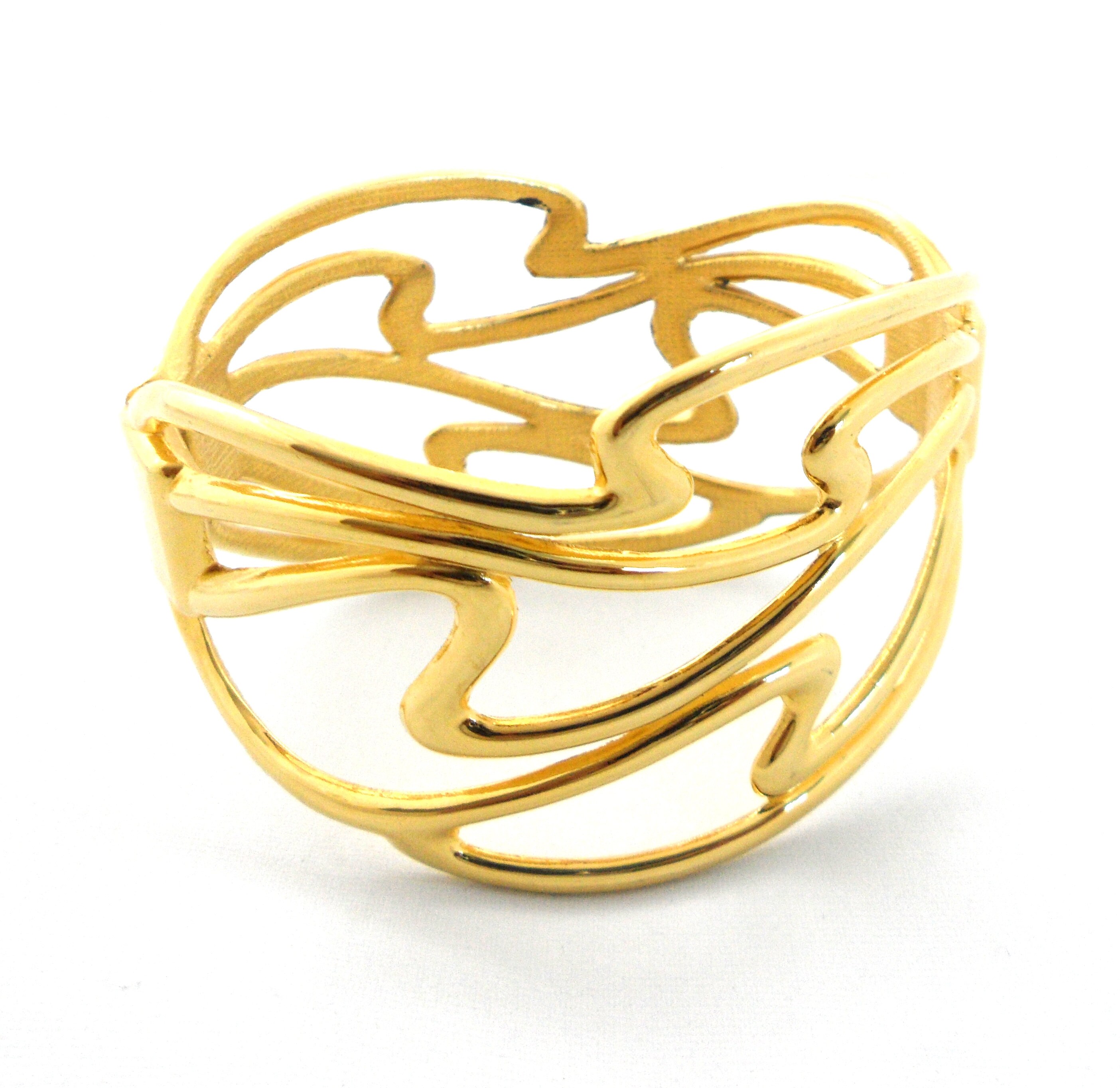 Ocean Wave Bracelet for Women Shiny Gold Metal Wide Hinged Cuff Sea